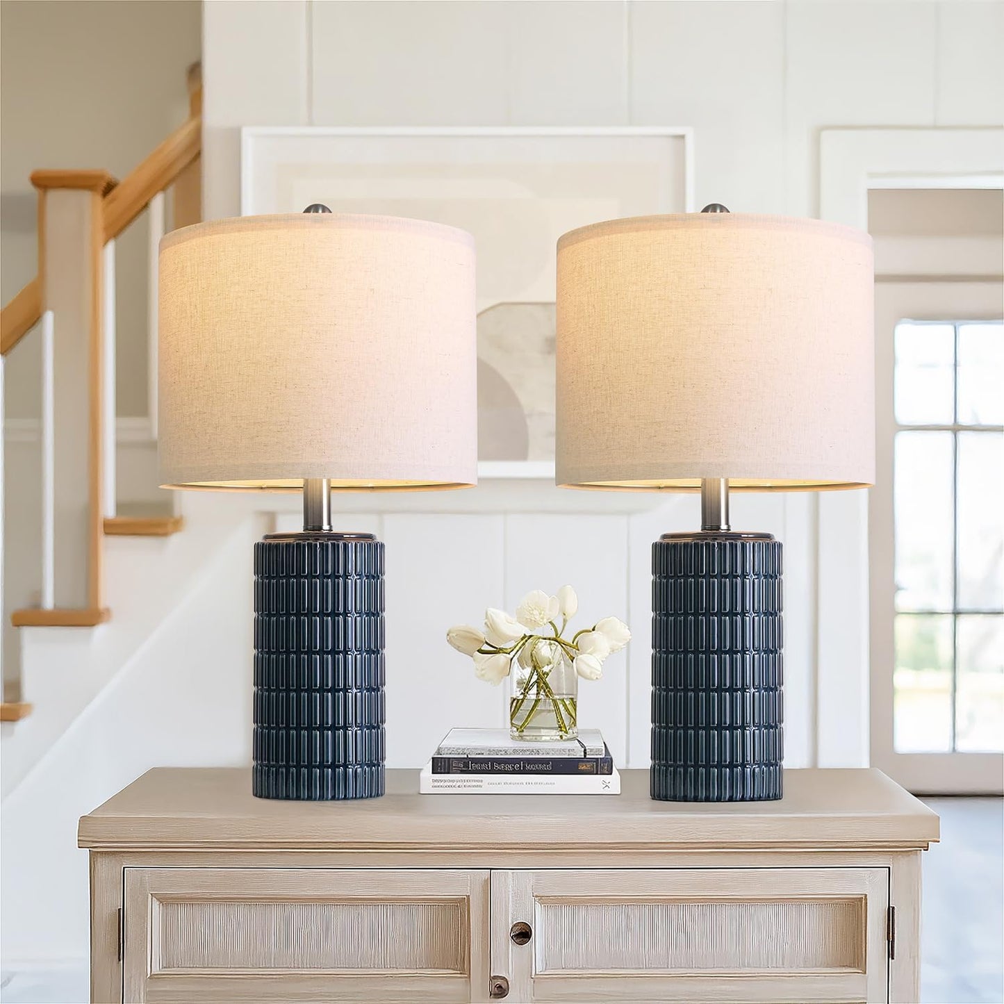 PoKat 20.75" Small Blue Table Lamps, Farmhouse Bedside Lamps for Bedroom Set of 2, Ceramic End Table Lamps for Night Stands Living Room, Modern Nightstand Desk Lamps, Dark Blue