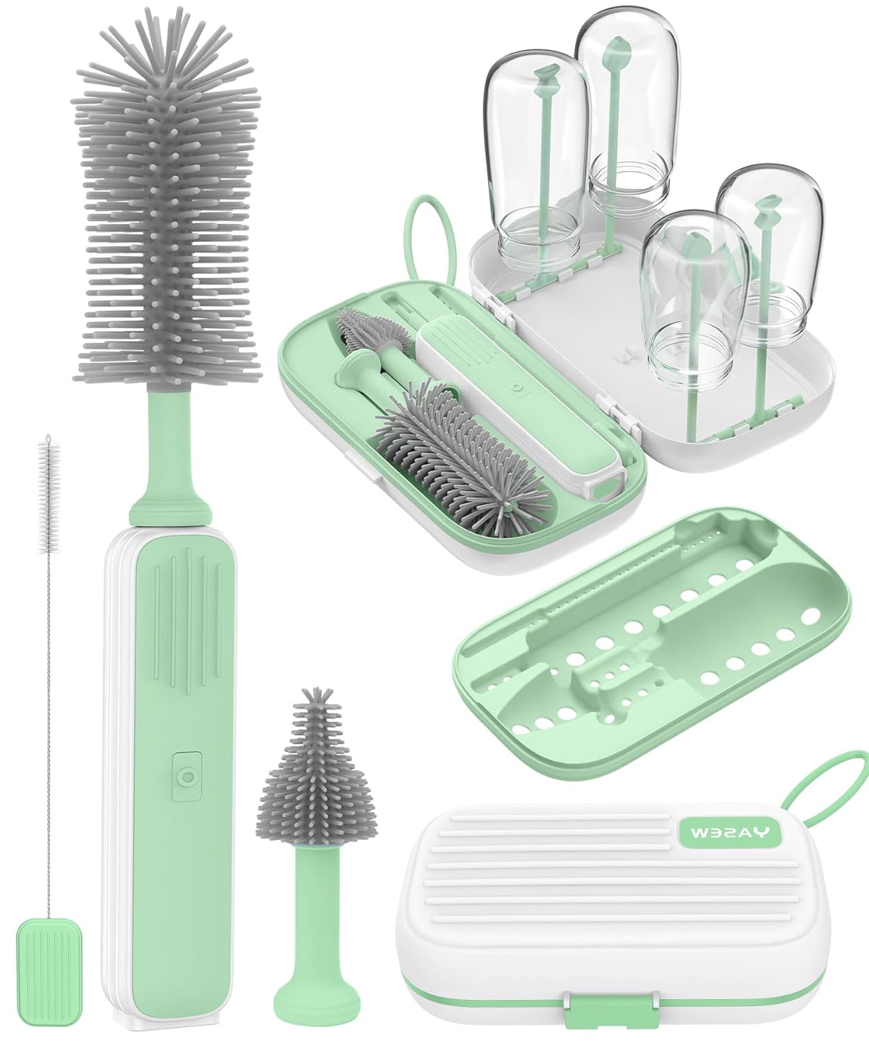 Electric Baby Bottle Brush Cleaner, Baby Travel Bottle Cleaner Kit- 2000mAh Rechargeable Silicone Brush, Drying Rack, Compact Storage Box, 360° Efficient Cleaning Bottle Brush for Home & On-The-Go