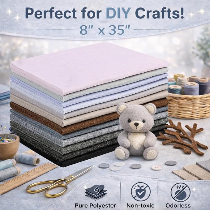 Large Stiff Felt Sheets 8"x35" – 12 Assorted Colors Felt Fabric Bundle Pack