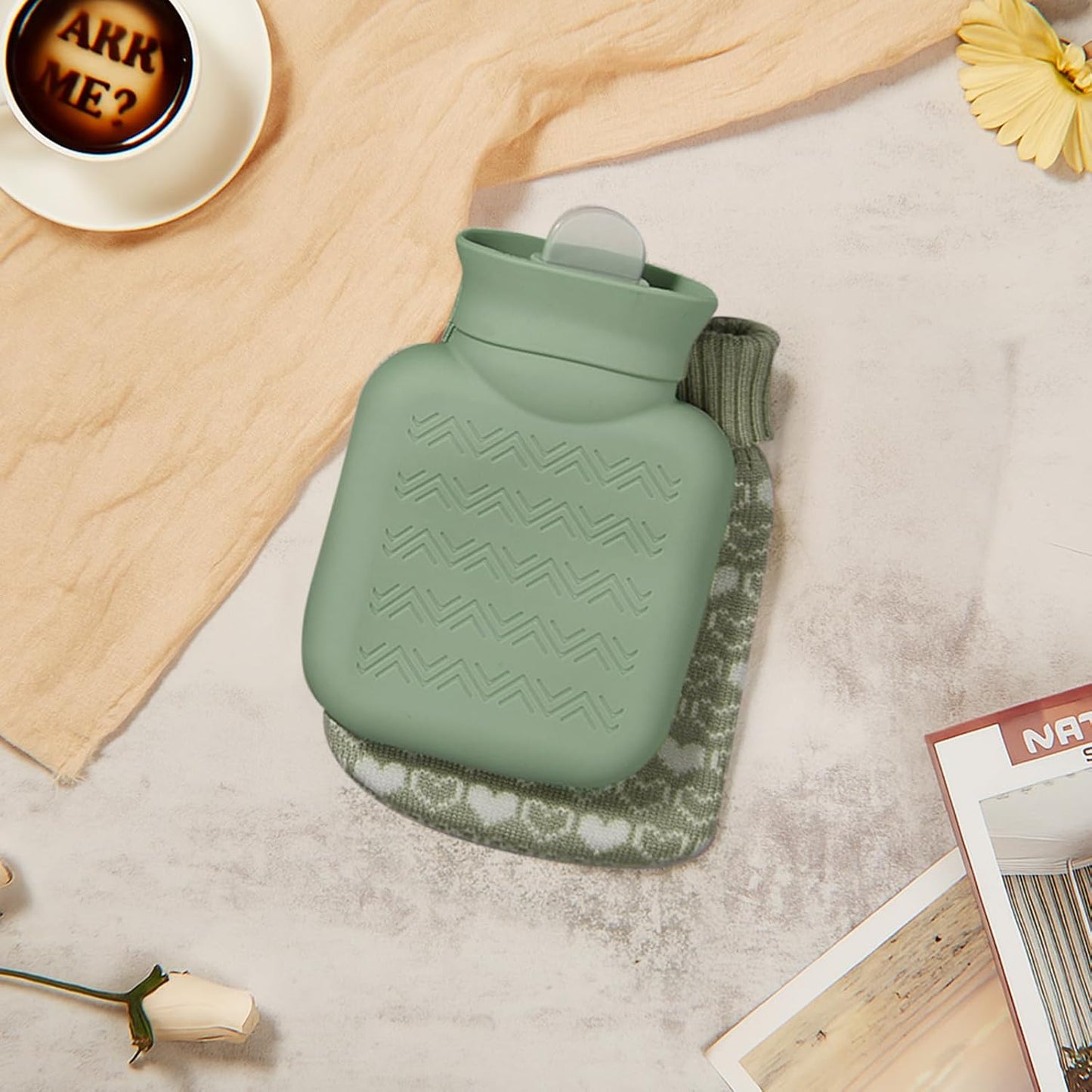 Amylove Mini Hot Water Bottle 320ml for Hot & Cold Compress with Cover Silicone Microwave Heating Small Water Bag for Travel Pain Relief Holiday Gifts(Sage Green)