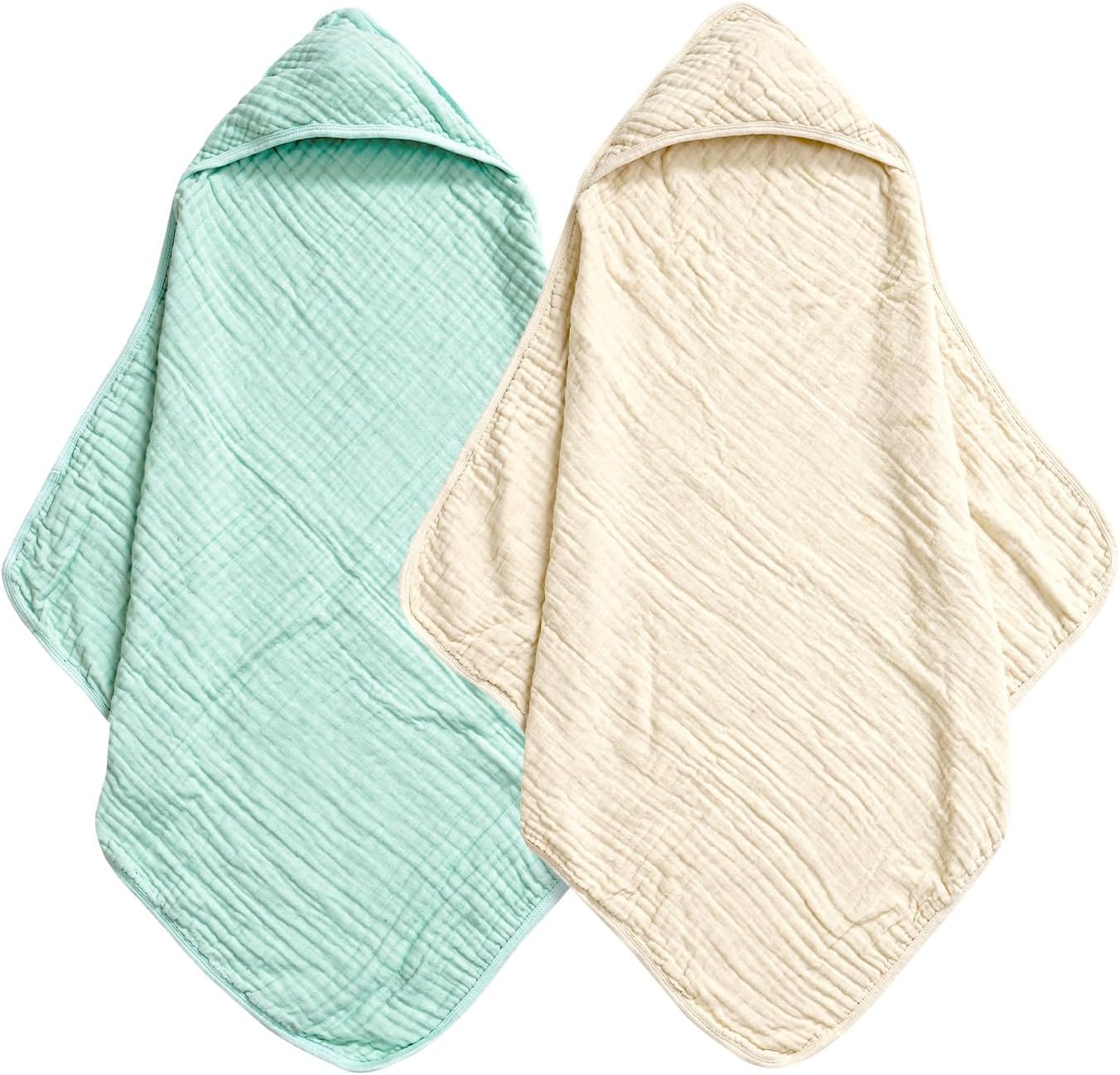 david's kids 2 Pack Hooded Baby Towels, 100% Muslin Cotton 6-Layer Ultra Soft Breathable Absorbent Baby Bath Towels for Infant and Toddler, Newborn Essentials, Large 32x32Inch, Beige & Green