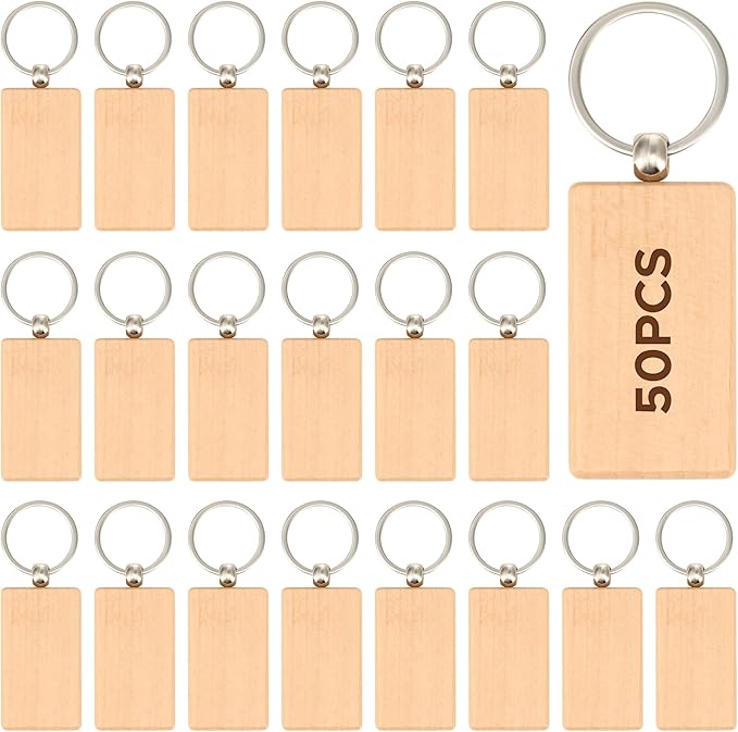 OMTech Wooden Keychain Blanks, Wood Key Chain Bulk, Unfinished Wooden Key Rings