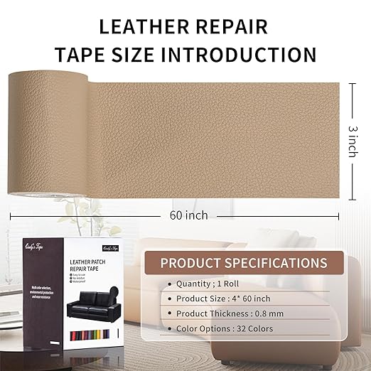 Leather Repair Patch Tape, Dark Beige 3 x 61 Inches Self Adhesive Leather