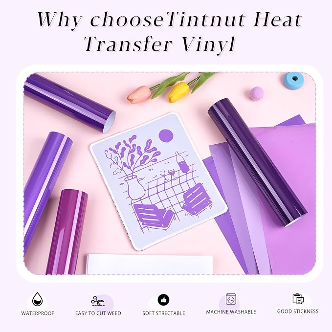 Tintnut Purple Heat Transfer Vinyl, 18 Sheets 12"x10" Iron on Vinyl | Purple