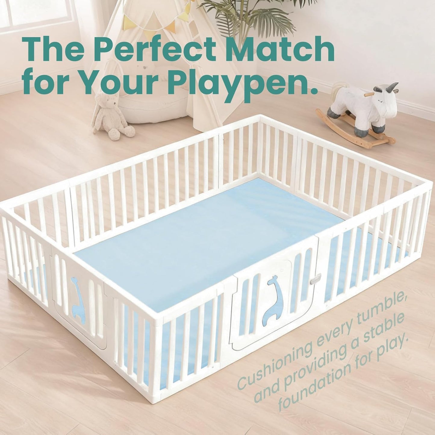 Baby Play Mat for Floor,1.3" Thick Elasti-Foam 50"×74" Playpen Mat for Tummy Time,Water Repellent Soft Coral Velvet for Toddler,Infant,Kids,Non-Slip Backing Safe for Crawling(Light Blue)