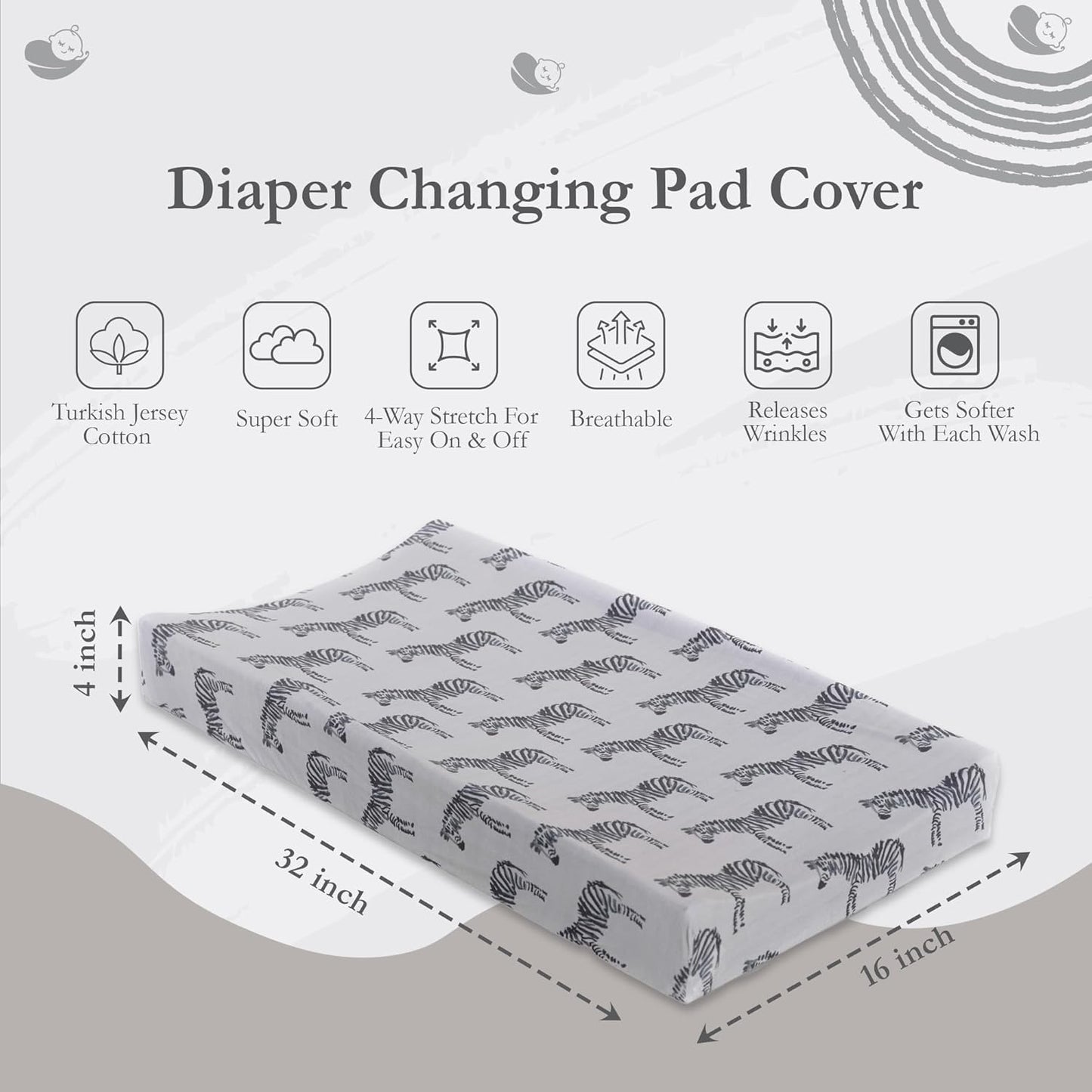 Oilo Changing Pad Cover, Breathable 100% Turkish Cotton Fitted Jersey, 300 Thread Count, Machine Washable, Fits Standard Changing Pads (32" x 16"), Girl, Boy, & Neutral Nursery Design, Gray Zebra