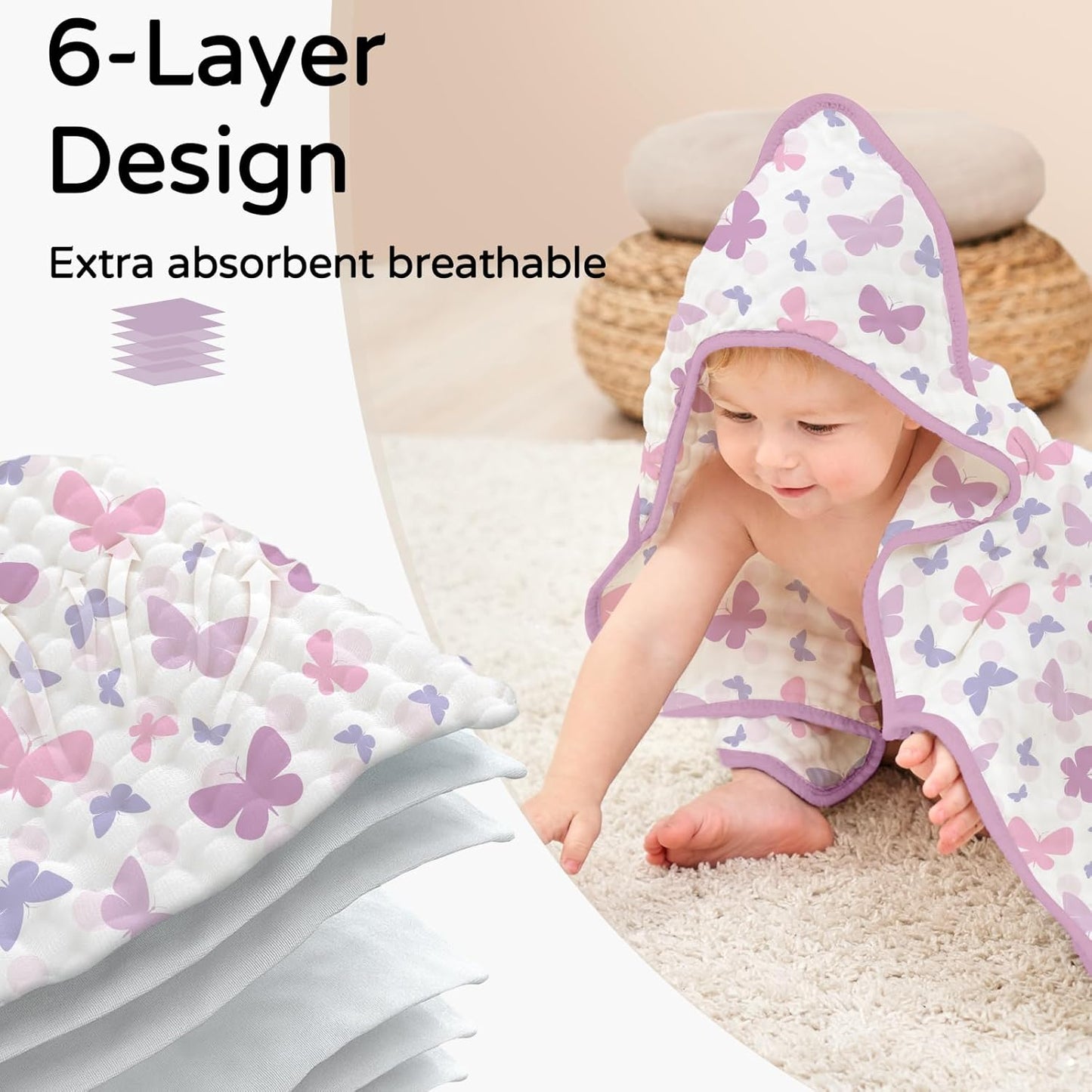 Yoofoss Hooded Baby Towels for Newborn 2 Pack 100% Muslin Organic Cotton Baby Bath Towel with Hood for Babies, Infant, Toddler and Kids, 32x32Inch, Soft and Absorbent Newborn Essential, Butterfly