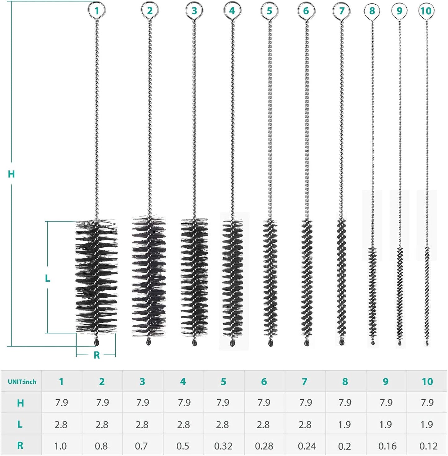 CiaraQ Bottle Cleaning Brushes, 8 Inch Nylon Tube Brush Set, Cleaner for Narrow Neck Bottles Cups with Hook, Set of 10pcs
