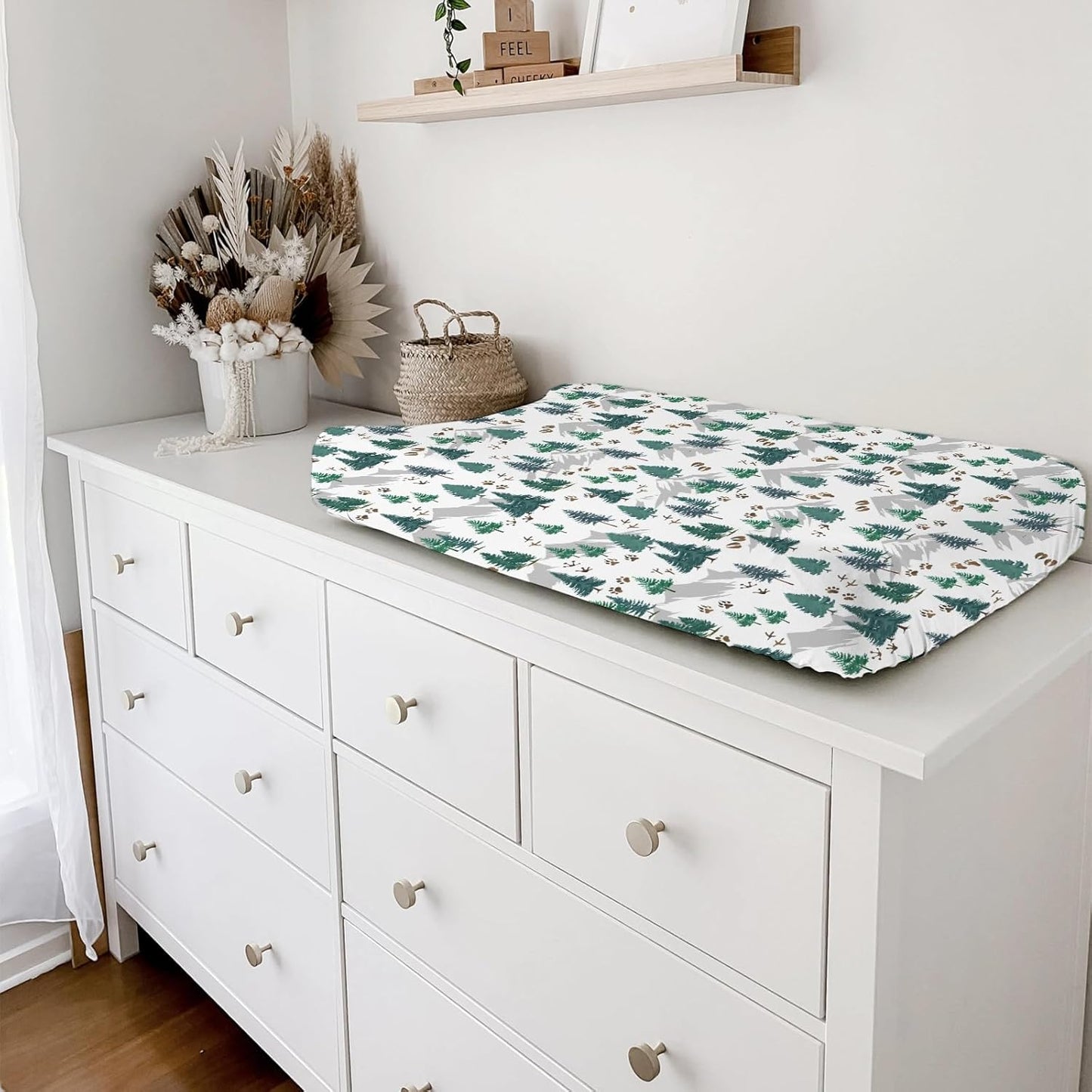 Green Pine Forest Animals Tracks Baby Changing Pad Covers Pine Trees Paws Mountain Diaper Changing Table Sheets for Girl Boy Soft Breathable Stretch Fitted Nursery Change Table Mat 32''x16''
