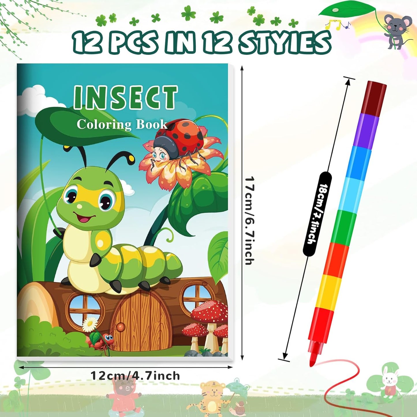 BenLouis 12 Insects Mini Coloring Books Kids with 12 Stacking Crayons Spring Bugs Party Favors Small Activity Books Bulk for Kids Butterfly Bee Party Gift Goodie Bag Stuffers