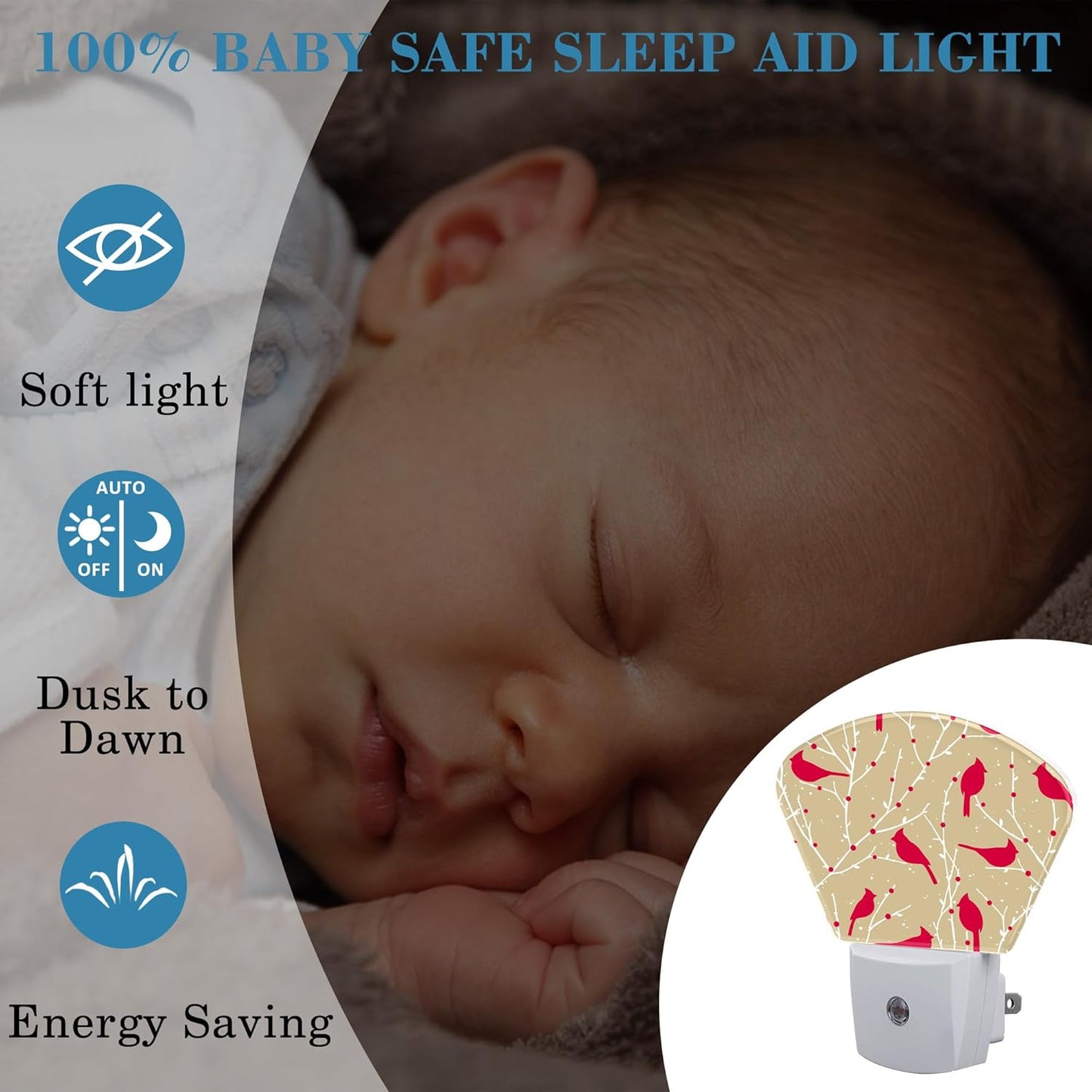 Christmas Red Cardinal Bird Night Light Plug into Wall, Christmas Night Light with Dusk to Dawn Sensor for Kid Girls Boys Women Men Bedroom, Hallway, Kitchen, Bathroom, Stairs Decor