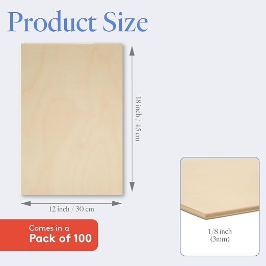 3 mm Baltic Birch Plywood 1/8 x 12 x 18 Inch, Box of 100 B/BB Grade Craft Wood