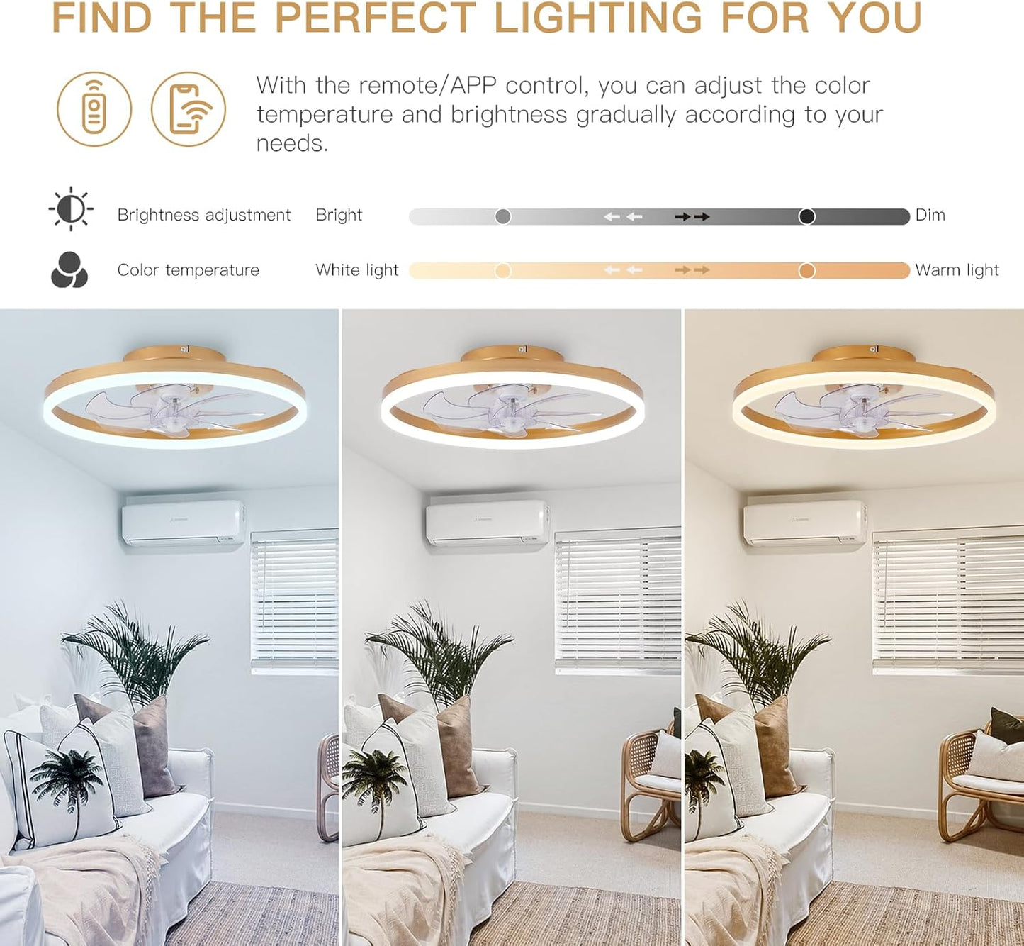 STERREN Modern Gold Ceiling Fans with Lights,20" Dimmable Flush Mount Low Profile Ceiling Fans with Remote Control,Indoor Smart Ceiling Fan with Light for Bedroom