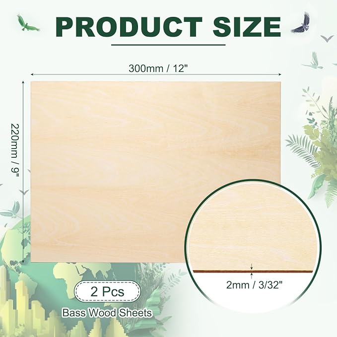 HARFINGTON 2pcs 2mm Basswood Plywood Sheets 12" x 9" x 3/32" Thin Unfinished