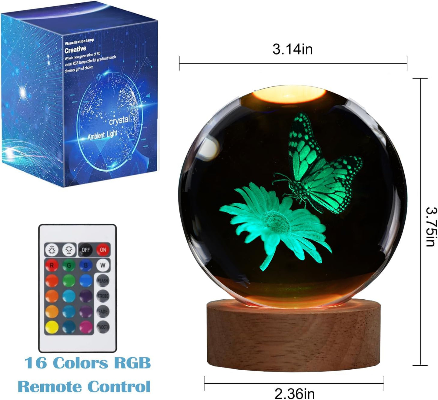 Butterfly Crystal Night Light, Butterfly Gifts, K9 3.15 Inch（80mm） Crytstal Lamp with 16 Colors Remote Upgraded Lamp Gifts for Women Wife Girlfriend