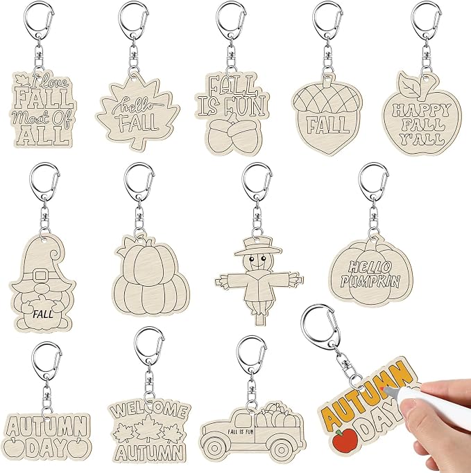 RattanView 24 Pcs Fall Craft Color Your Own Keychains DIY Craft Wooden Blank
