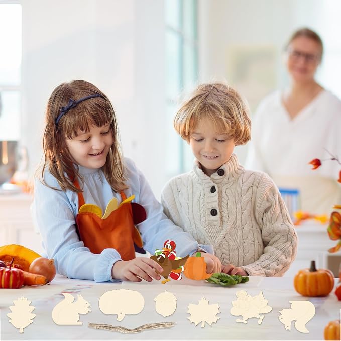 24 PCS Unfinished Wooden Thanksgiving Crafts, Pumpkin Turkey Shaped Hanging