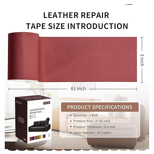 Leather Repair Patch Tape, Claret Burgundy 3 x 61 Inches Self Adhesive Leather