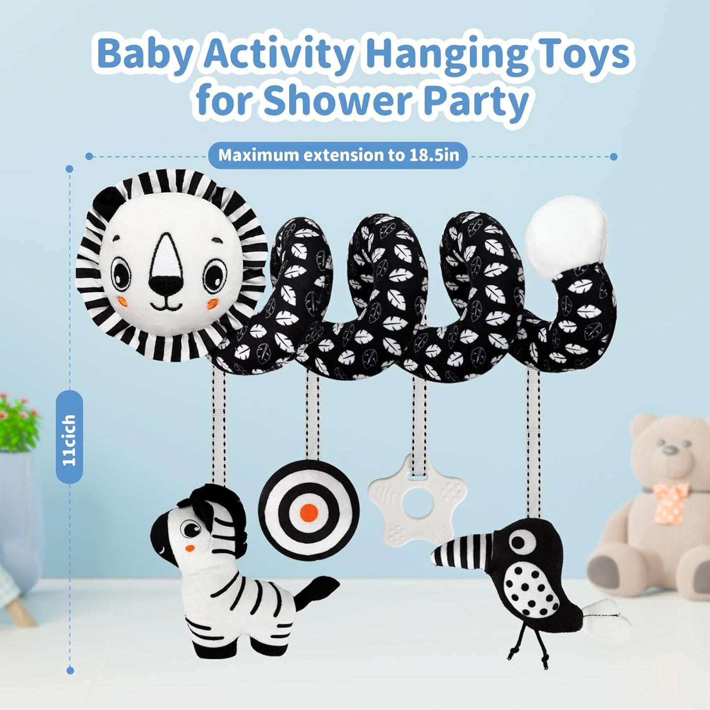 Car Seat Toys for Babies 0-6 Months,Hanging Rattle Toys for Crib Mobile, Baby Spiral Hanging Stroller Black and White High Contrast Toys for Newborn 0 3 6 9 12 Months Baby Boys Girls (Lion)