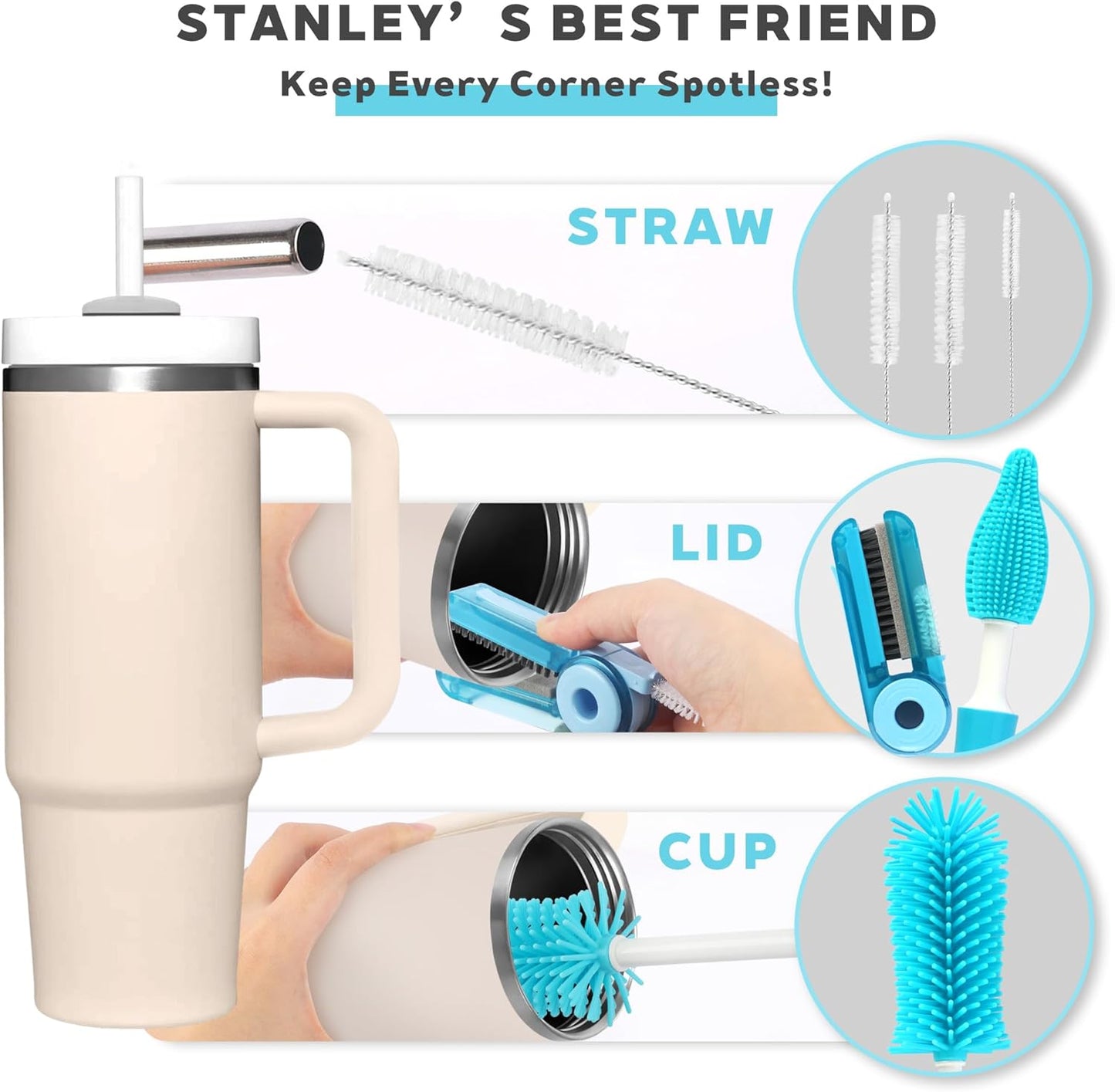 Sosmar 6 Pack Water Bottle Cleaner, Stanley Cup Cleaner Brush Kit with Long Silicone Bottle Brush, 3 Size Straw Cleaner Brush, 4 in 1 Bottle Gap Cleaner Tumbler, Sports Water Bottle