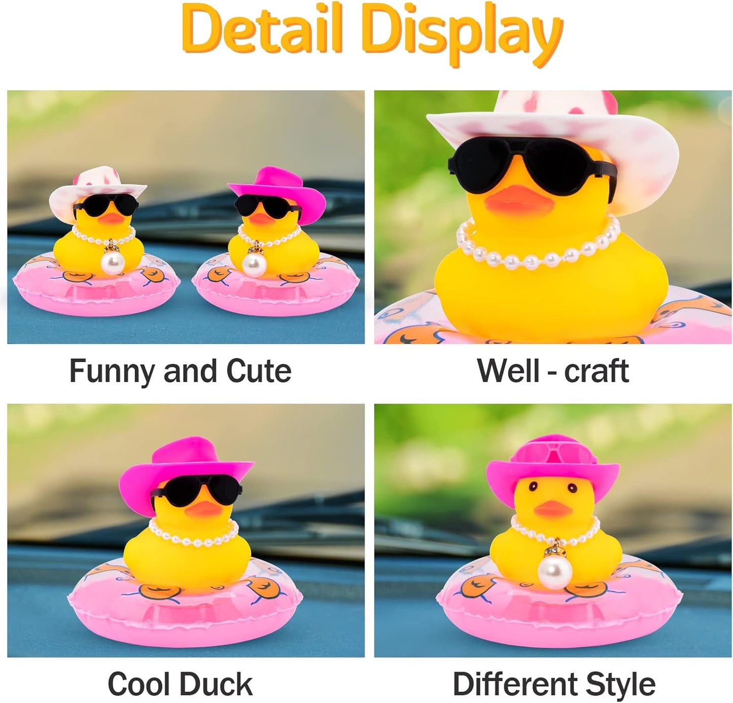 wonuu Car Rubber Duck, Yellow Duck Decoration Dashboard with Sun Hat Swim Ring Necklace Sunglasses for Car Dashboard Decorations