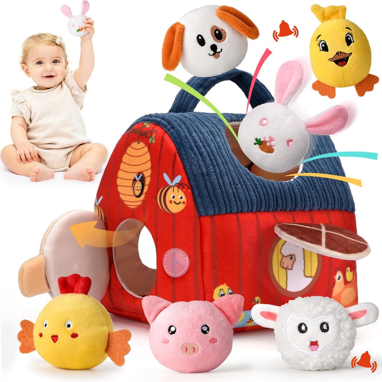 Baby Toys for 1 Year Old, Surprise Barn Stuffed Farm Animals, Crinkle, Rattle, Mirror, Montessori Toys for One Year Old Boy Girl Birthday Gift, Christmas Baby Stocking Stuffers for 1-3 Toddler