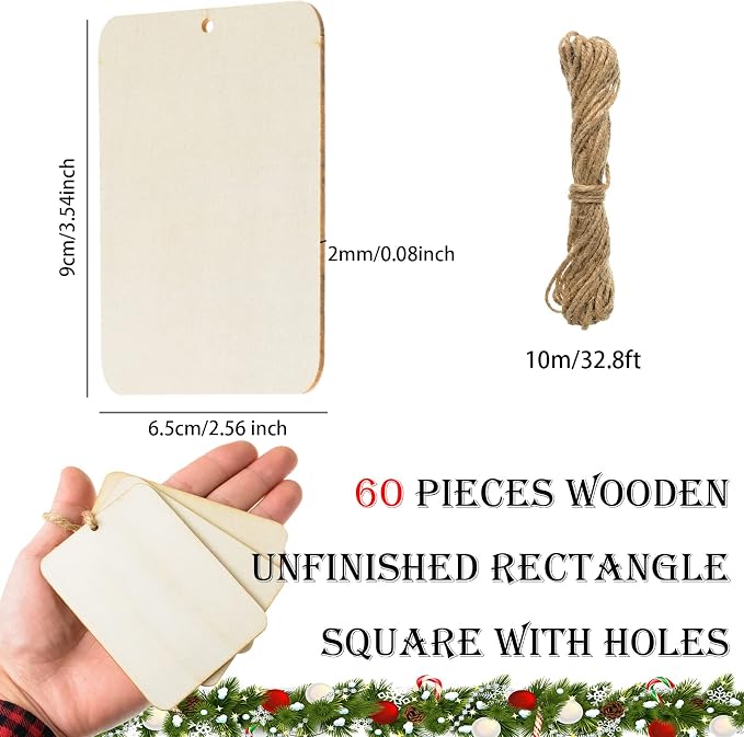60 Pcs Wooden Tags 2.5 x 3.5 Inch Unfinished Wood Pieces Rectangle Square