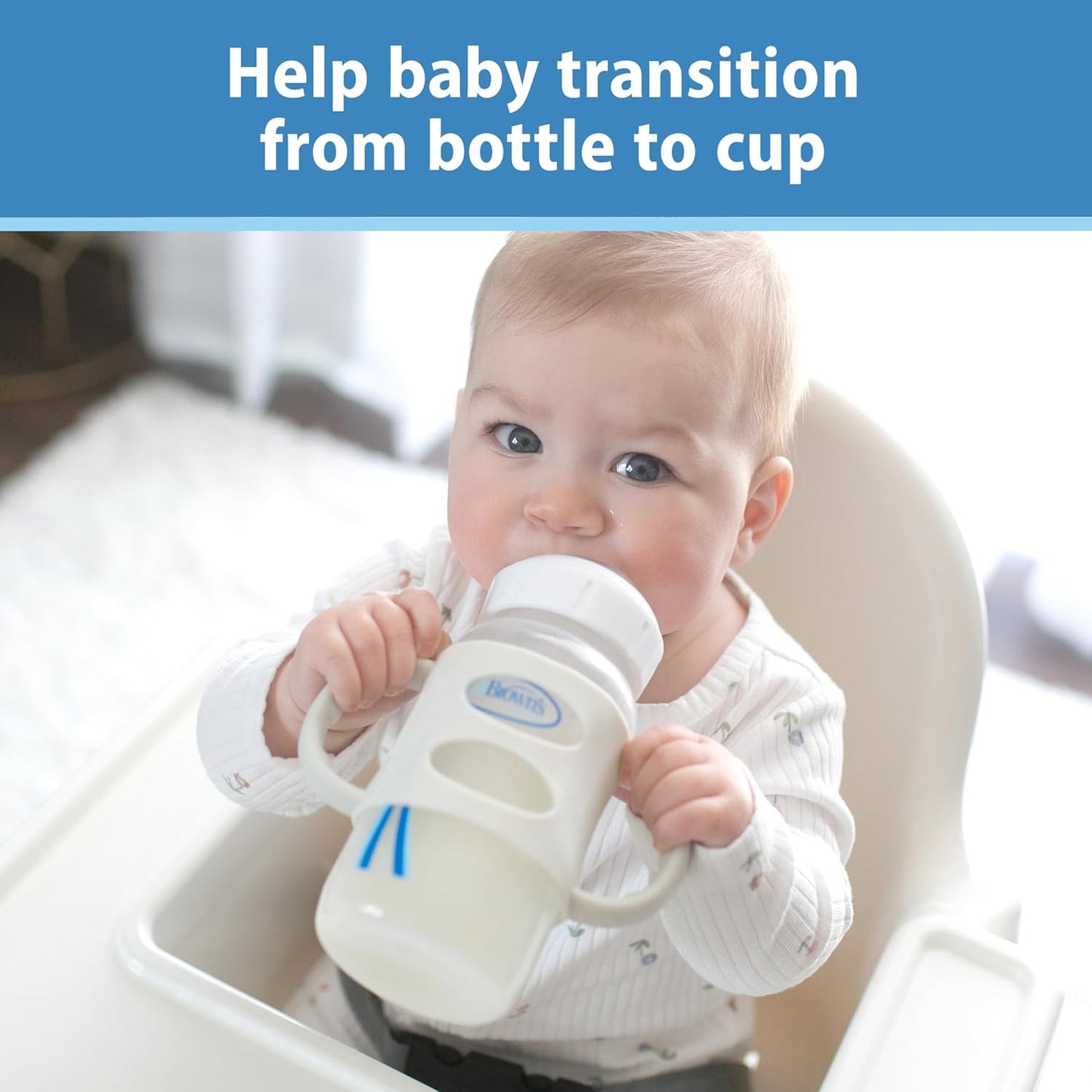 Dr. Brown's Wide-Neck Baby Bottle Handles, 100% Silicone, Easy Grip Removable Handles for Bottle to Sippy Cup Transition, Blue, 4m+