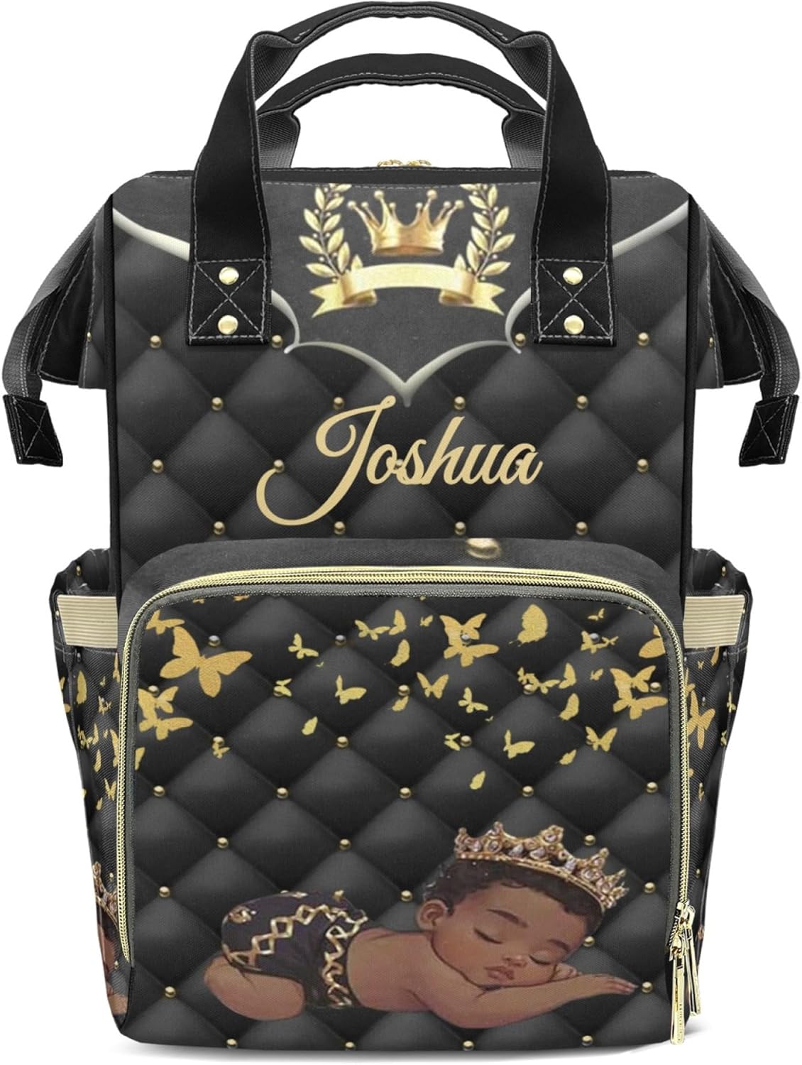 Large Capacity Personalized Diaper Bag Custom Baby Bag for Boys with Name Multi-function Shoulders for Newborn Baby Boy, Crown Customized Nappy Backpack with Thermal Pockets, Black