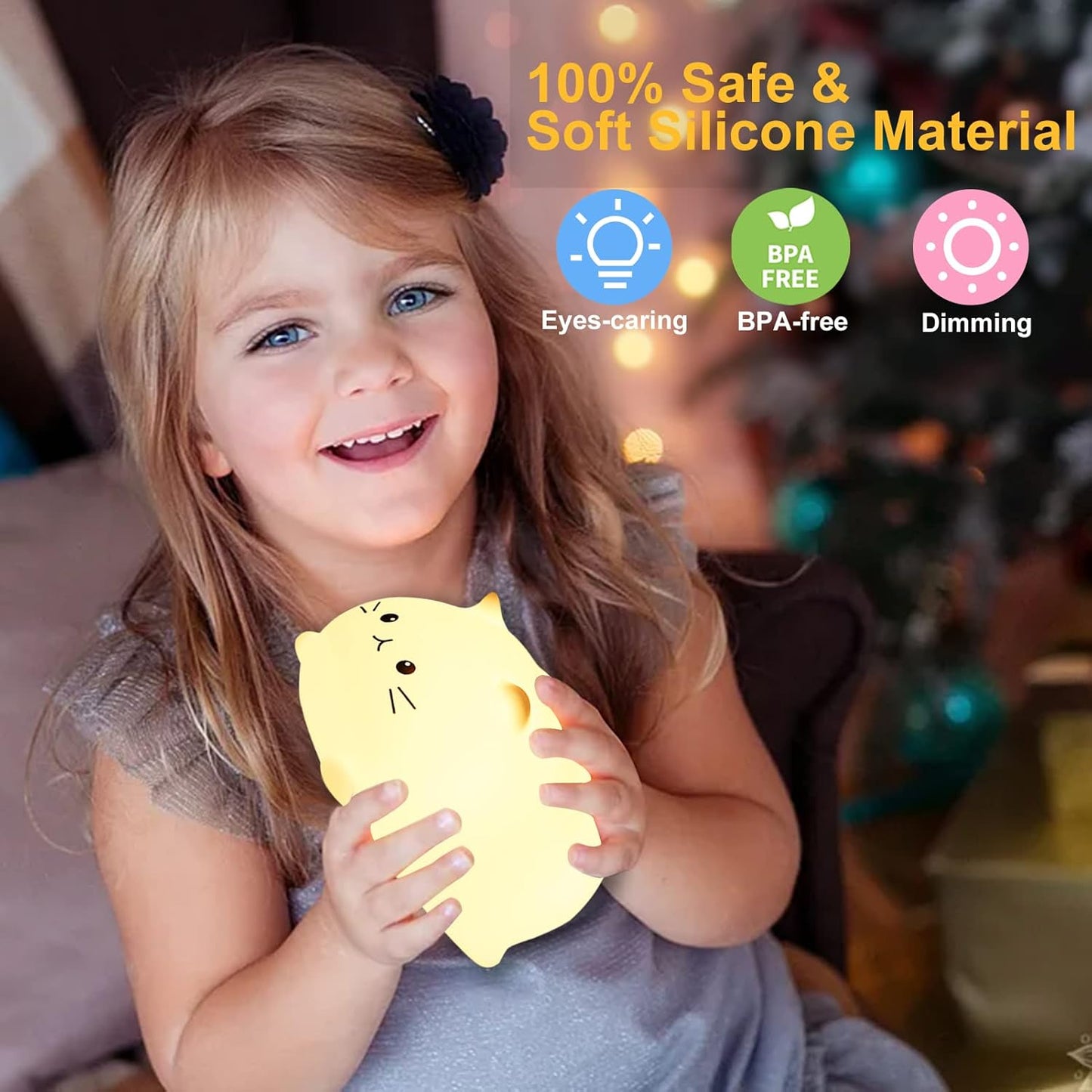 Tremdwoto Cat Night Light for Kids,Cute Colorful Night Light Baby Girl Squishy Night Lights Lamp 3 Hour Timer Kitty Light USB Rechargeable Nursery Lamp Nightlight ，Gifts for Boys and Girls
