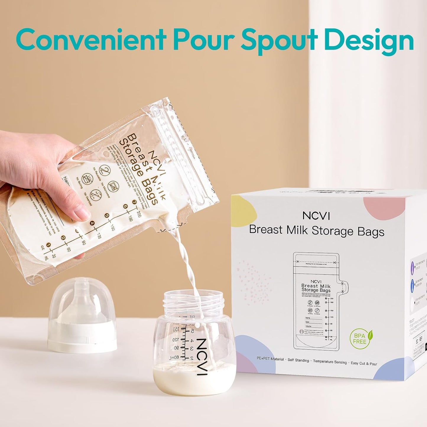 NCVI Breastmilk Storage Bags, 90 Count Milk Storage Bags for Breastfeeding, 7oz Breast Milk Storage Bags with Temp-Sensing, Doubled-Sealed, Hygienically, Self Standing, Easy Pour Spout, BPA Free