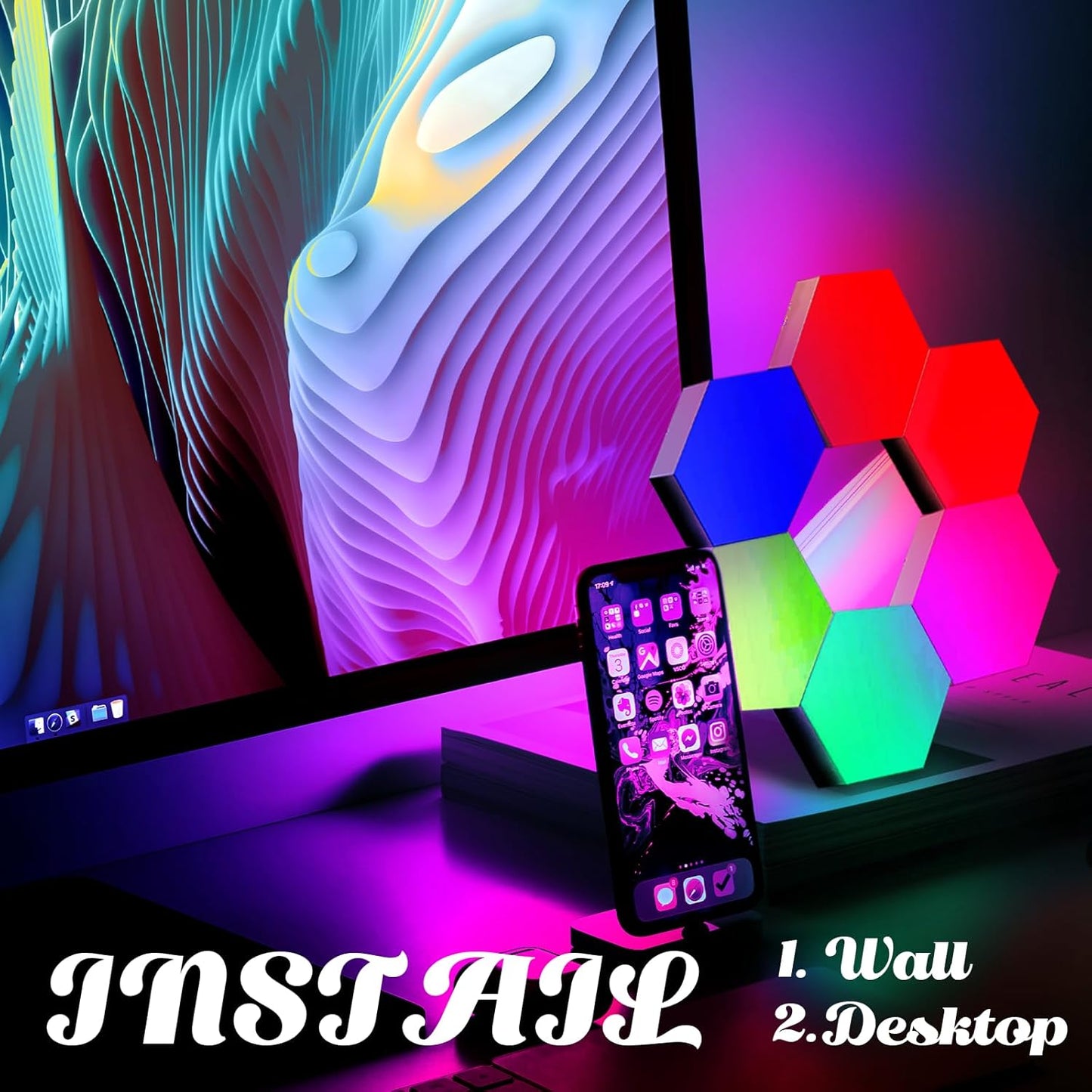 ODISTAR Remote Control Hexagon Wall Light,Smart Wall-Mounted Touch-Sensitive DIY Geometric Modular Assembled RGB led Colorful Light with USB-Power,Used in Bedroom (10-Pack)