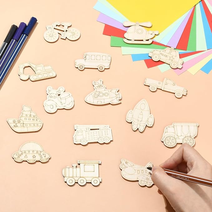 100 pcs Mixed Styles Transportation Theme Undyed Wood Cutout Charms Car Vehicle