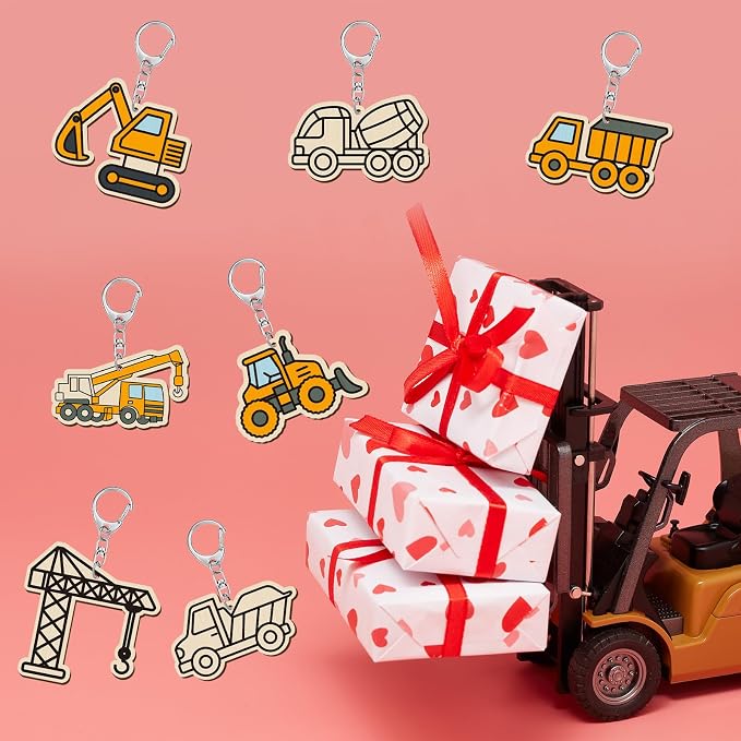 RattanView 24 Pcs Construction Vehicle Craft Color Your Own Keychains Diy Craft