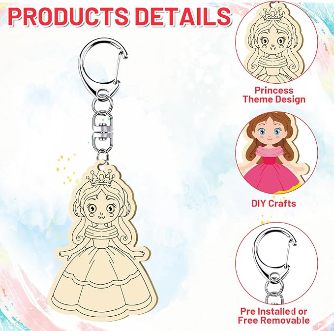 RattanView 24 Pcs Princess Craft Color Your Own Keychains DIY Craft Wooden