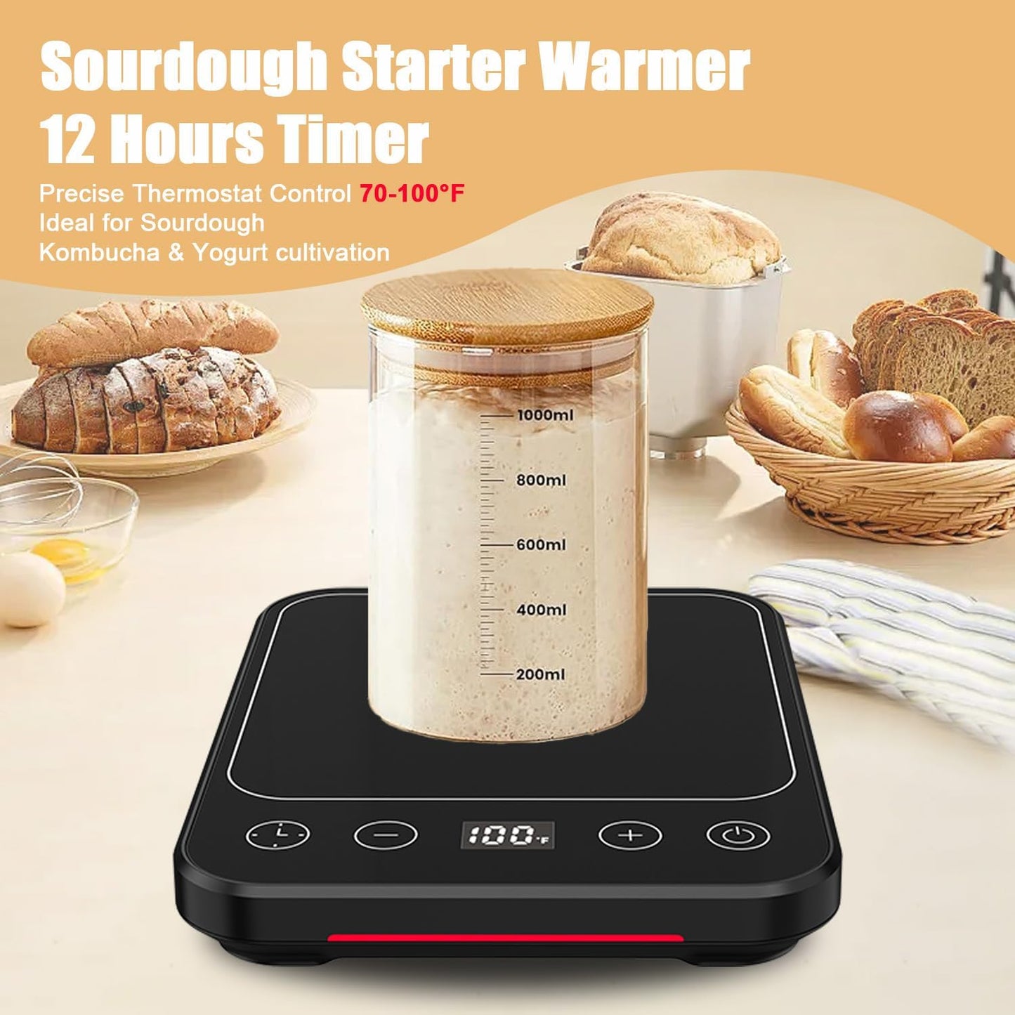 Sourdough Starter Warmer Mat, 12H Timer Warming Heating Pad, Precise 1°F Thermostat Control (70-100°F), Smart Memory Warming On/Off, Fits Jars Up to 40oz, Perfect for Home Baking (Full LCD Screen)