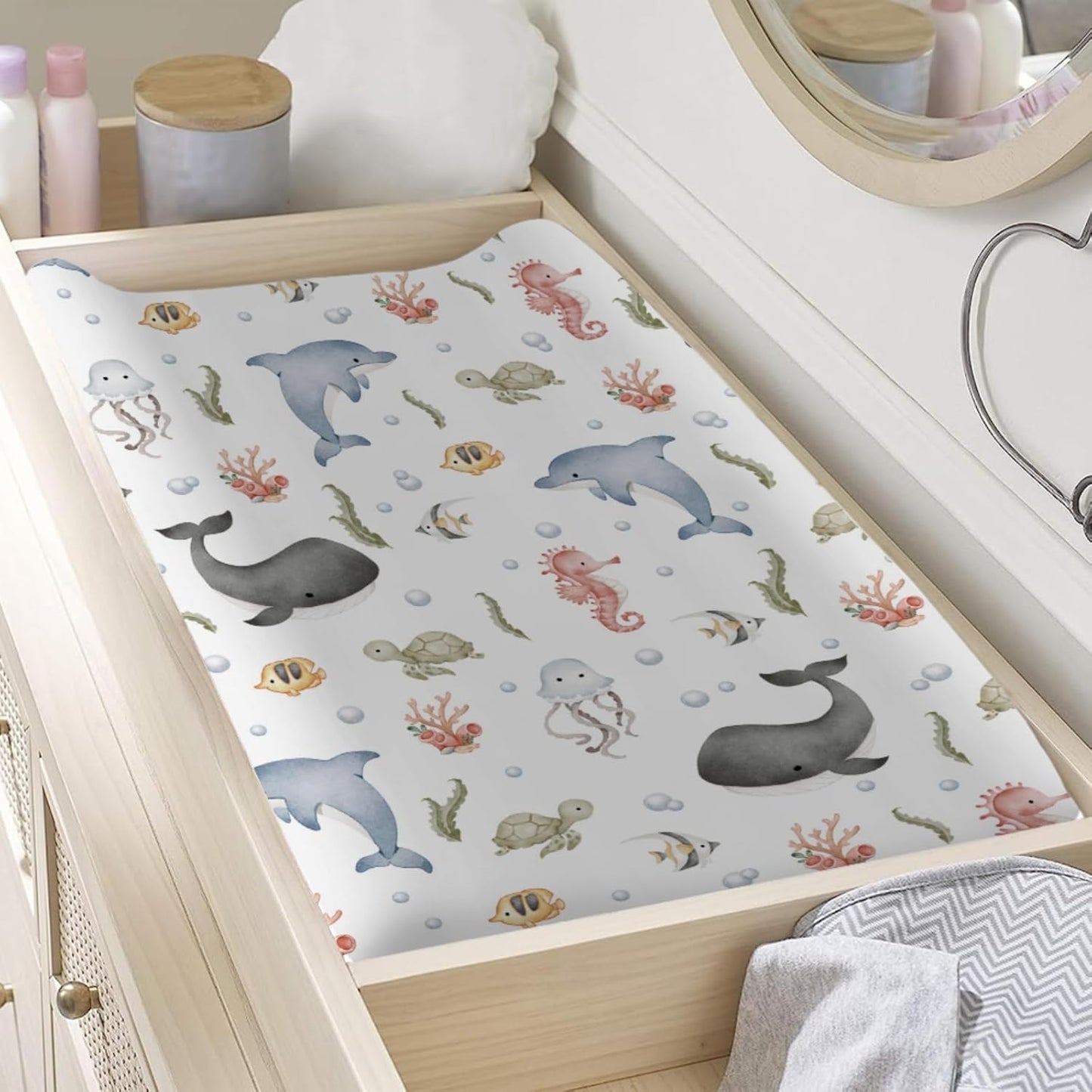 Sea Animals Changing Pad Cover Whale Dolphin Jellyfish Sea Horse Turtle Fish Coral Fitted Baby Change Table Sheets for Boy Girl Ocean Soft Stretch Fitted Changing Table Pad Cover Mats 32''x16''