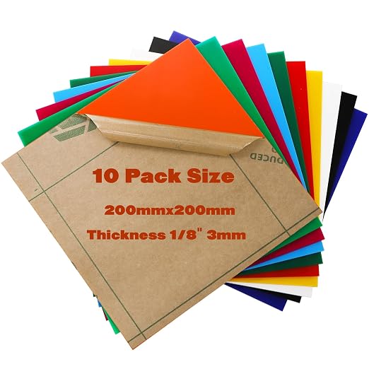 10 Pack Colored Acrylic Sheets, 8 x 8 Inch Sheet 1/8 Thick, Cast Acrylic Sheet