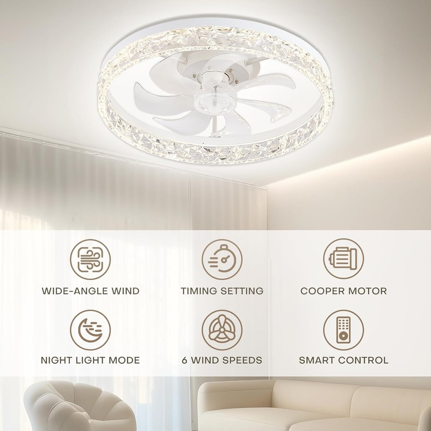 STERREN Ceiing Fan with Light, 19.7'' Low Profile Crystal Ceiling Fan with Remote Control, Modern Flush Mount LED Ceiling Fans, Bladeless White Fandelier for Bedroom, Living Room, Kitchen