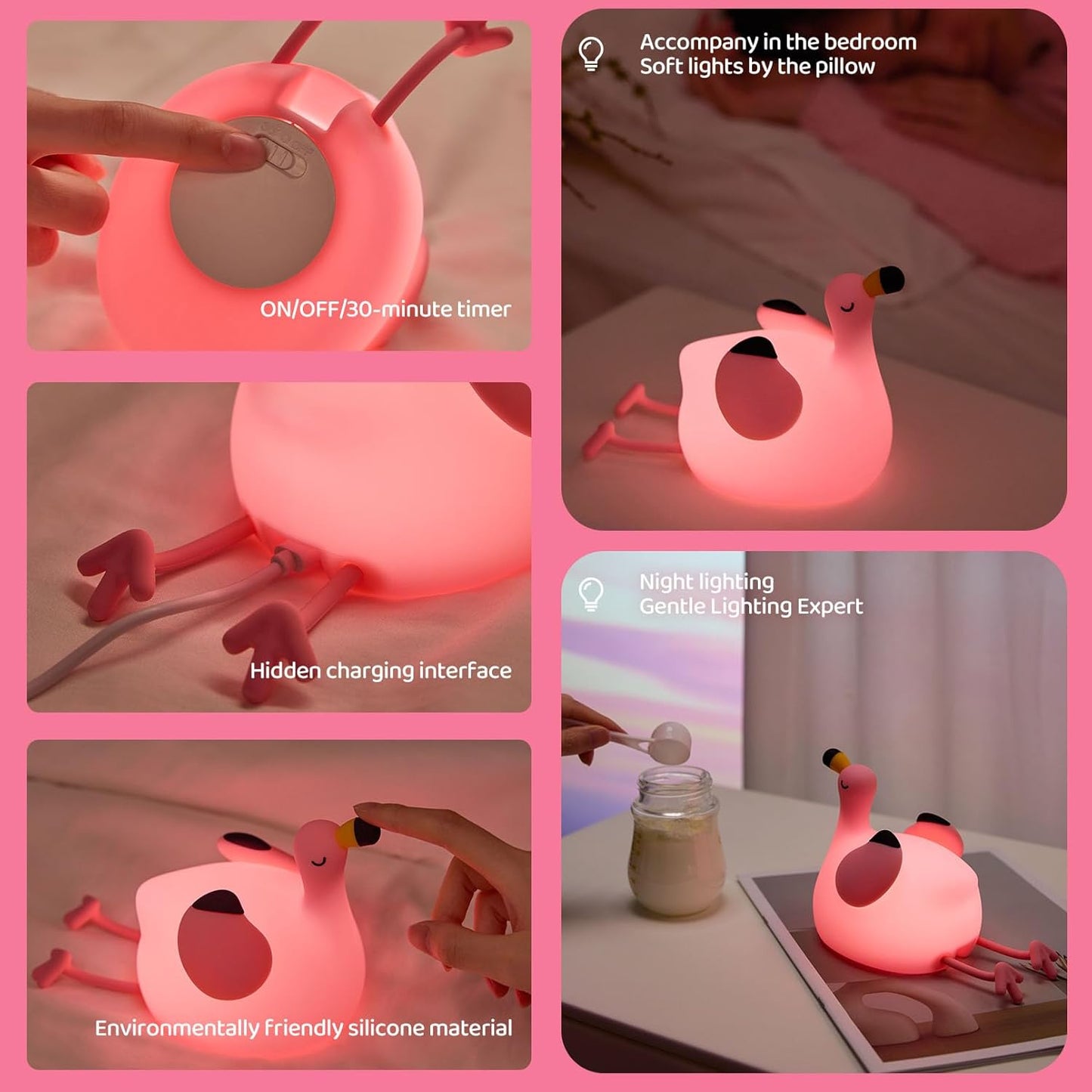 Night Light for Kids, Pink Flamingo Lamp Girls Trendy Gifts, Dimmable Silicone LED Funny Animal Baby Nursery Night Light, Rechargeable Bedside Nightlight Kawaii Pink Decor Toys for Home Bedroom Office