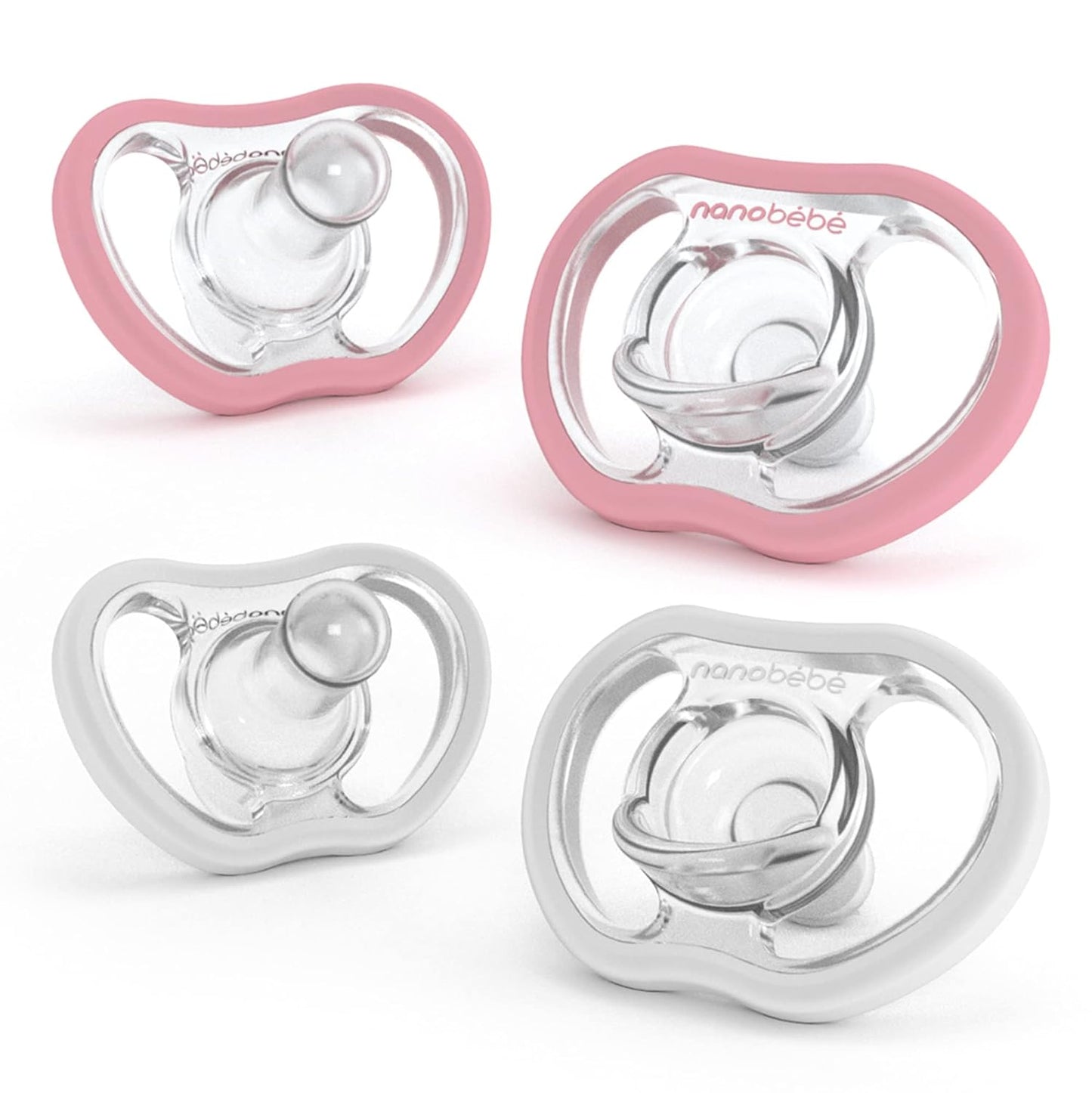 Nanobebe Active Baby Pacifiers 4-36 Months - Orthodontic, Lightweight and Vented, Curves Comfortably with Face Contour, 100% Silicone - BPA Free, Perfect Baby Registry Gift 4pk, White/Pink