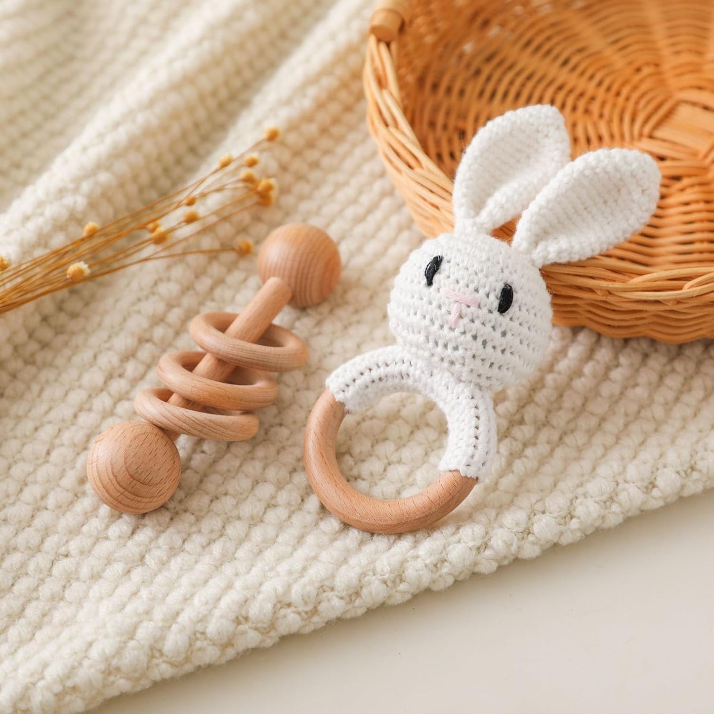 Wooden Baby Rattle, Crochet White Bunny Rattle and Wood Rattle Set, Newborn Wooden Animal Rattle Toy, Baby Wooden Rattle Toy 2PCS
