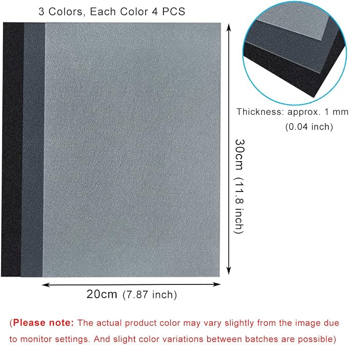 12 PCS Felt Fabric Sheets Shades of Black & Gray, 7.87*11.8 inch A4 Stiff Felt