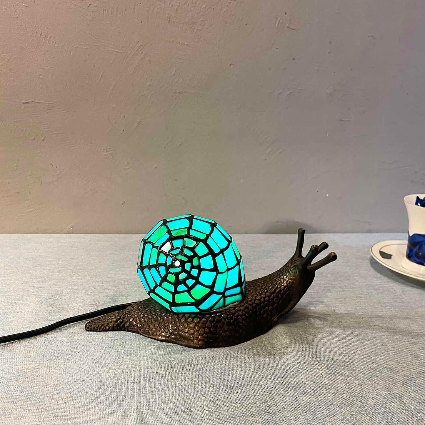 Bieye L10975 Land Snail Tiffany Style Stained Glass Accent Table Lamp for Home Decoration (Cyan, 10" D x 5" W x 5" H)