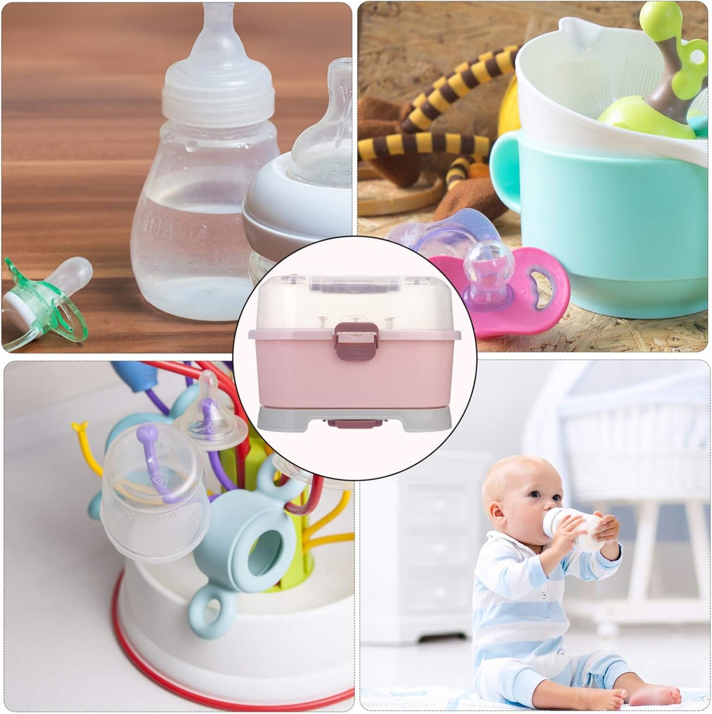 NUOBESTY Portable Baby Bottle Storage Organizer with Cover, Pink Milk Bottle Drying Rack Box for Home and Travel Use, 13.77 X 9.84 X 9.84 Inches