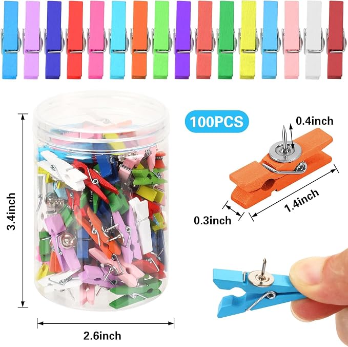 SANNIX 100Pcs Wooden Push Pin Clips, Bright Wooden Clips