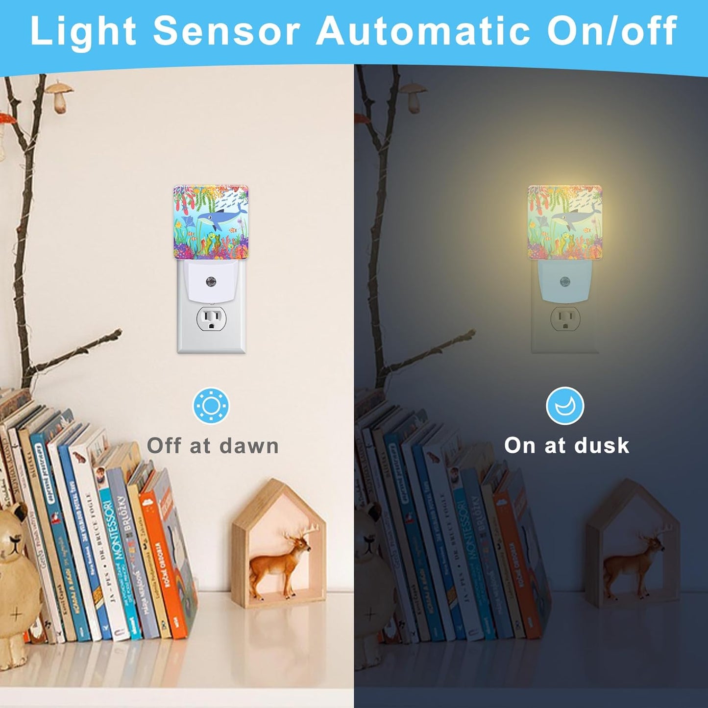 Sea Shark and Coral Plug in Night Light with Auto Dusk to Dawn Sensor,Warm Night Lights for Boys Girls Bedroom Bathroom Hallway Kids Room Gifts