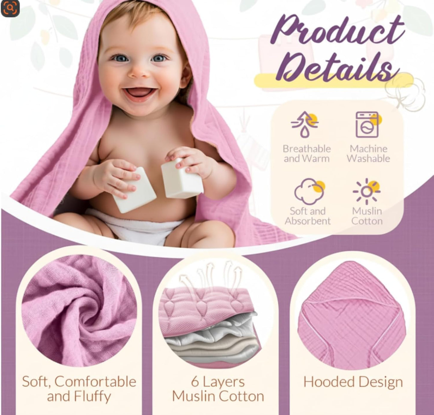 VitalCozy 8 Pcs Baby Muslin Hooded Bath Towels and Washcloths, 32 x 32 Inch Muslin Hooded Baby Towels Absorbent Blankets for Gift Newborn Infant Shower (Pink,Purple)