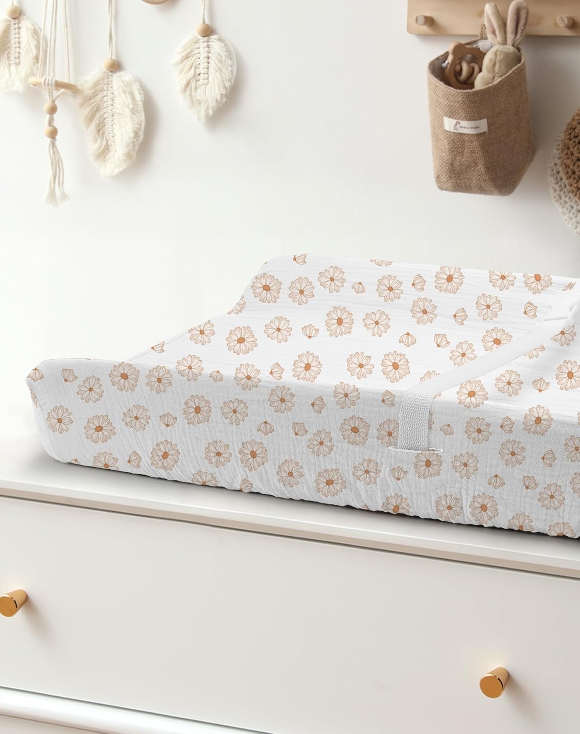 Changing Pad Cover for Baby Girls Boys, Muslin Changing Table Pad Covers with Boho Style, Neutral Color Soft and Breathable (Flower-A)