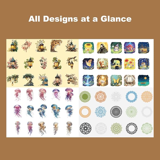 60PCS PET Stickers – Whimsical Mandala Florals, Fantasy Animals & Vintage Lamps